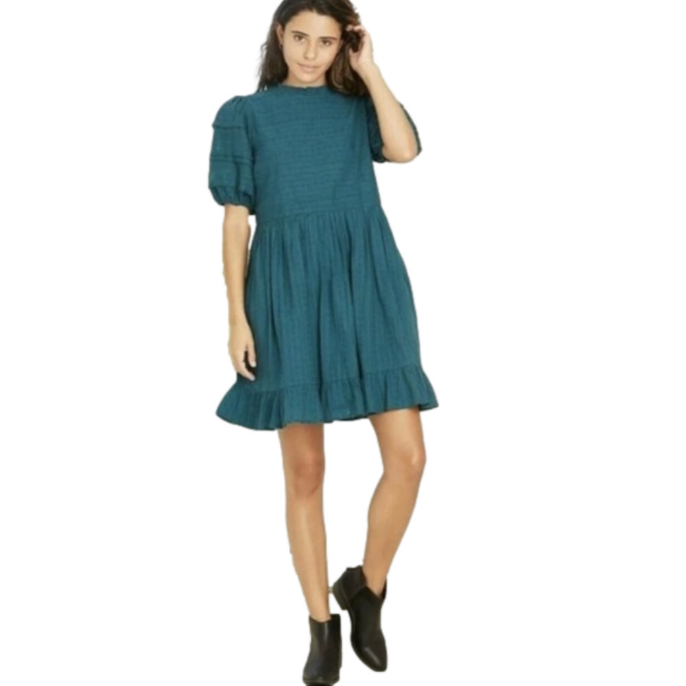 Universal Thread Puff Short Sleeve Eyelet Mini Dress Pockets Teal Boho Large New